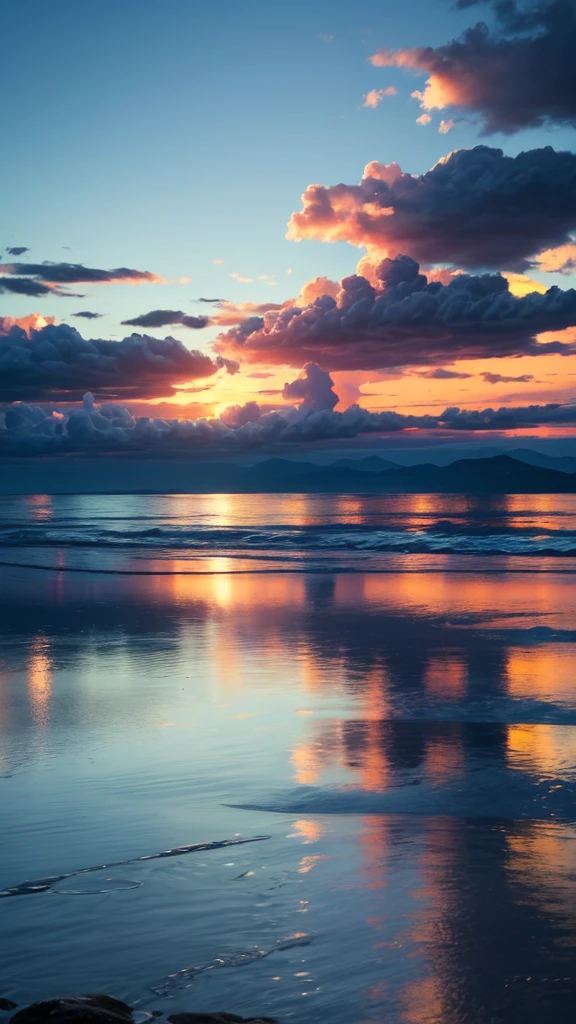 A calm sea，Reflecting the burning clouds，best quality，8K，Shock。