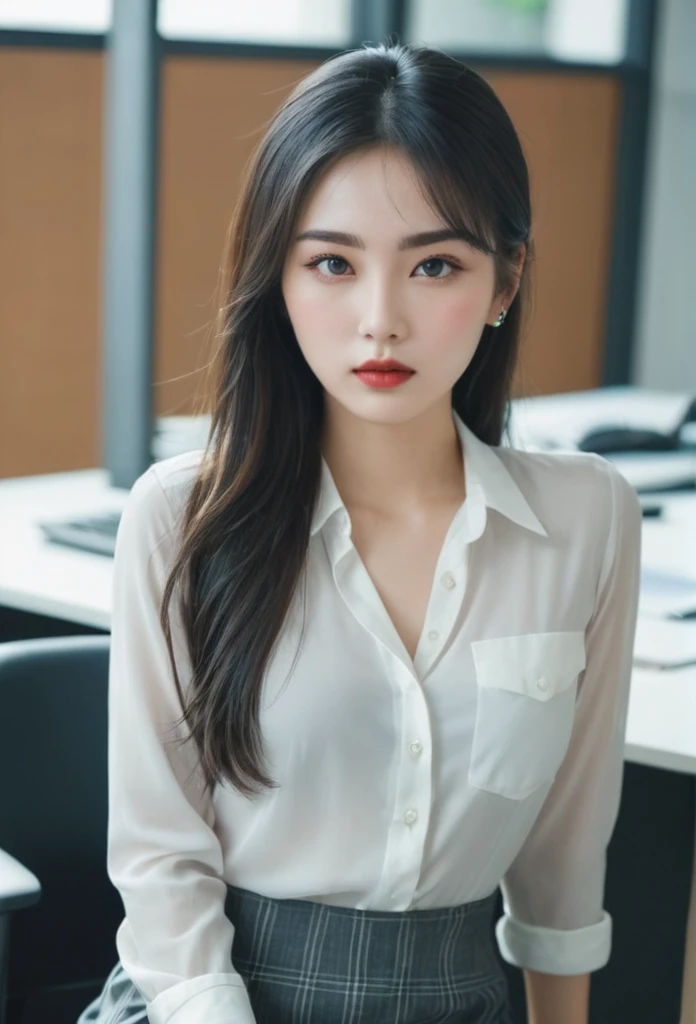 a beautiful girl with a mixed face of western and eastern features, sitting in an office, wearing sexy clothes
