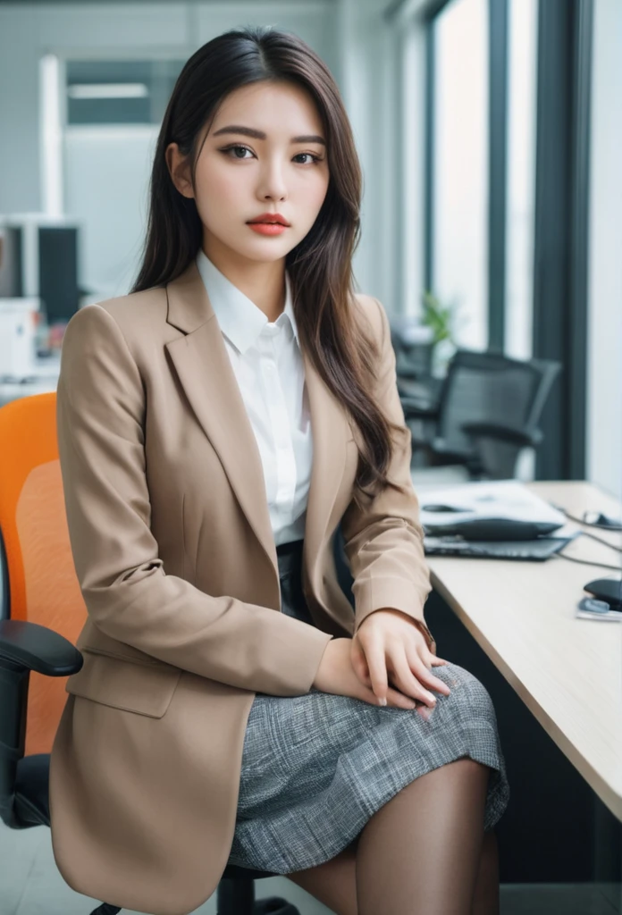 a beautiful girl with a mixed face of western and eastern features, sitting in an office, wearing sexy clothes