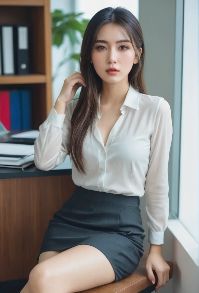 a beautiful girl with a mixed face of western and eastern features, sitting in an office, wearing sexy clothes