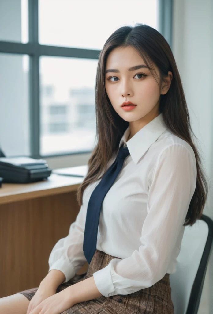 a beautiful girl with a mixed face of western and eastern features, sitting in an office, wearing sexy clothes