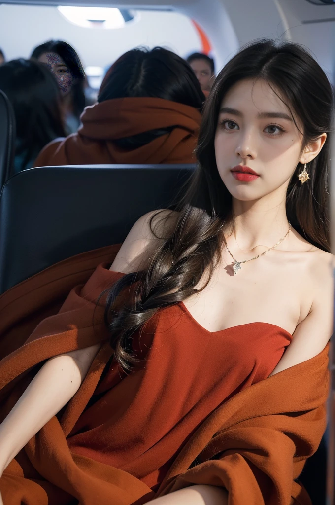 (((best quality))),(((ultra detailed))),(((masterpiece))),illustration,(a beautiful girl,female passenger,solo),(parted red lips),((slim,thin,small breasts,flat chest)),((earrings,crystal necklace)),(slender legs:1.2),(spread legs apart:1.3),summer night,((in airplane,economy class,indoor)),(blanket over shoulders:1.3),((dress)),(shoulder length straight bob hair:1.2),stars,moonlight,smooth flight,engine sound,lullaby,relaxed,excited,laughing,visiting family,comfortable seats,soft fabric,headrests,adjustable,beauty of night sky,dimmed lights,sleeping passengers,movies,personal screens,staying awake,magic of sky,joy of being with family,memorable journey,adventures,(surrounded by crowded crowds:1.3),(Outside the window is high-altitude night view:1.2),((from front,upper body))
