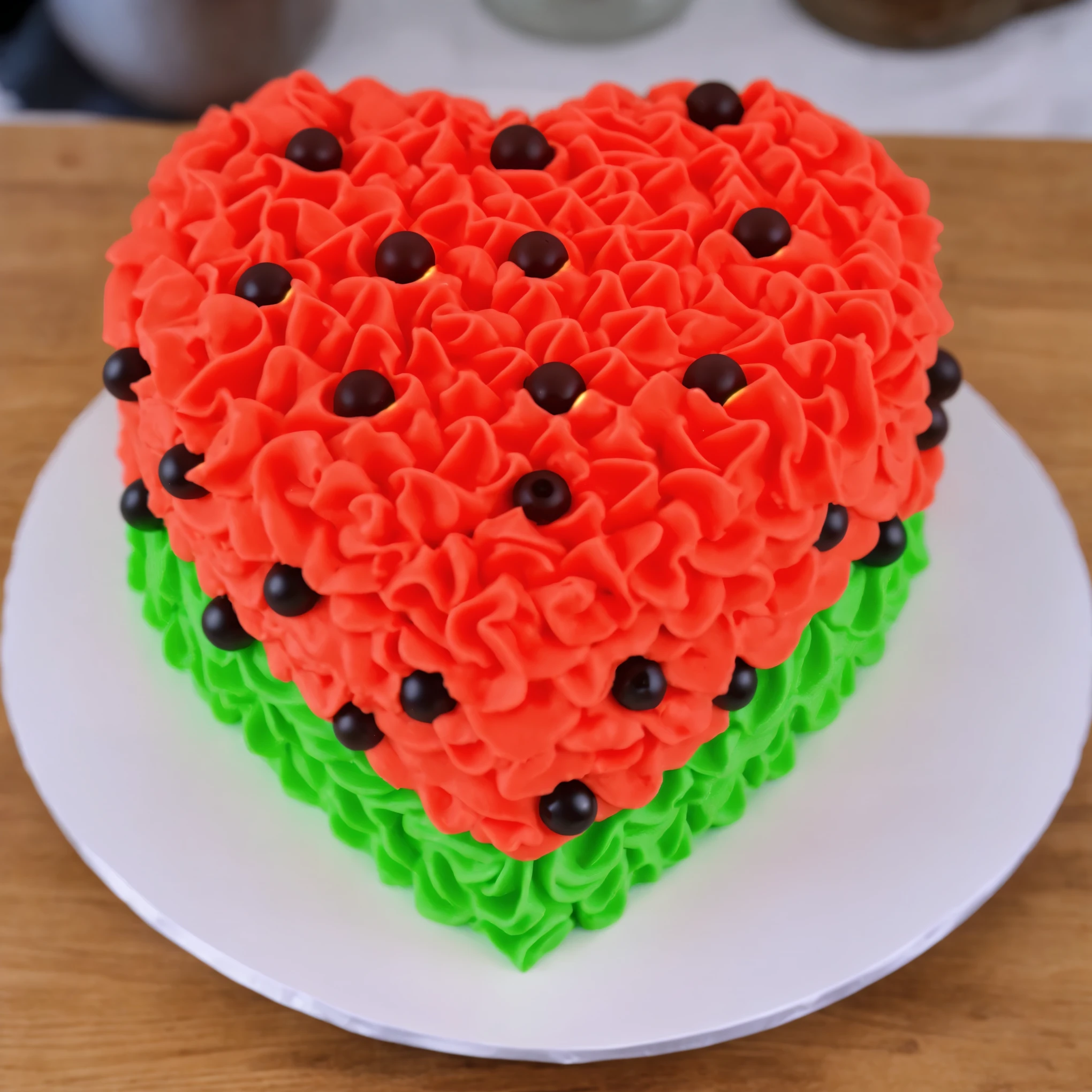 on a wooden table, red and green cream heart cake, star shaped cream, with black plastic beads, Multiple light sources, bright lighting, Realistic style , realistic texture, detailed texture, A high resolution, high quality,