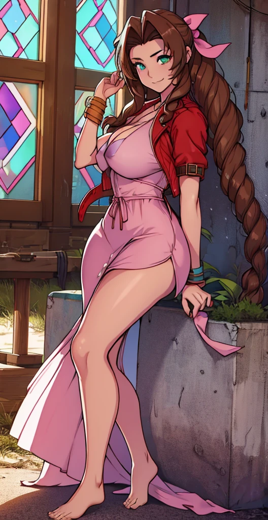 ​masterpiece, best qarity, Aerith Gainsborough, She is standing, she is raised, short dress, Athletic build, thin waste, broad hips, perky ass, gargantilha, Short jacket, hair bow, bracelet, pink dress, spectator side, smile, mouth shut, inside, stained glass, legs thick, big boobies, very short dress, she is standing, She is standing, beach scene