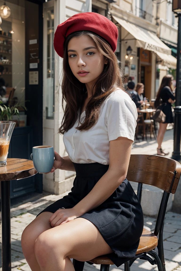 (Extremely detailed CG:1.2), (Masterpiece:1.2), (The best quality:1.2),,((absurdities)),looking at the viewer,whole body, ,(1girl),only,(long hair),,(white short sleeve shirt),(MARINA_blue pleated skirt),(long skirt),Dynamic Angle,Standing,dynamic pose,((Delicate facial features)),(blue eyes)wearing a classic black dress and a red beret. She is sitting at a café in Montmartre, sipping a cup of coffee as she watches the world go by. Her outfit is quintessentially Parisian, exuding an air of effortless elegance.