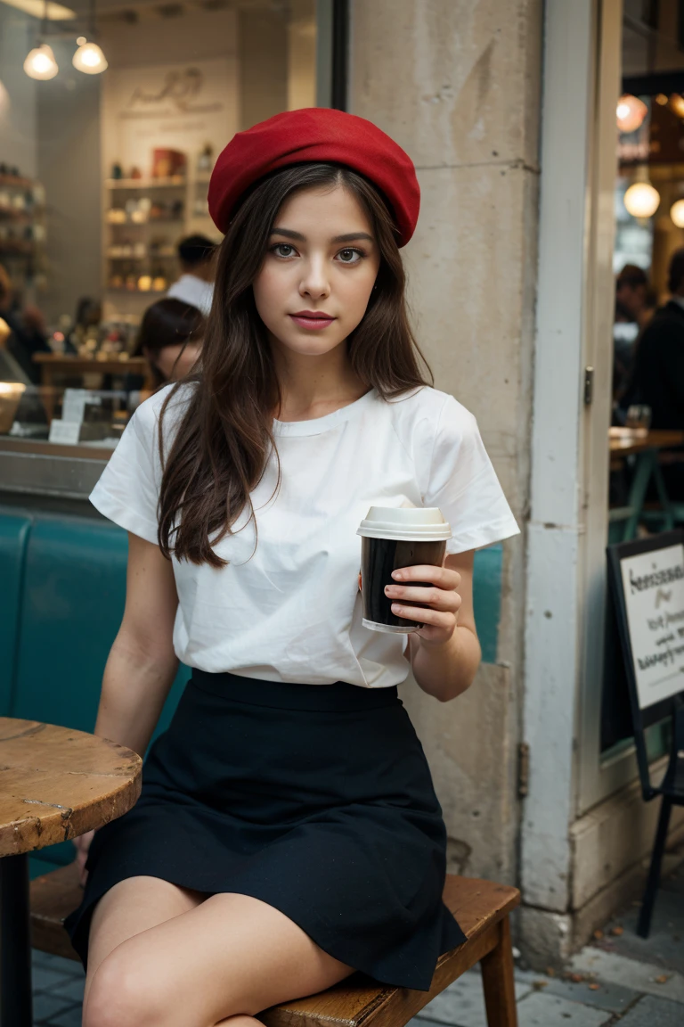 (Extremely detailed CG:1.2), (Masterpiece:1.2), (The best quality:1.2),,((absurdities)),looking at the viewer,whole body, ,(1girl),only,(long hair),,(white short sleeve shirt),(MARINA_blue pleated skirt),(long skirt),Dynamic Angle,Standing,dynamic  pose,((Delicate facial features)),(blue eyes)wearing a classic black dress and a red beret. She is sitting at a café in Montmartre, sipping a cup of coffee as she watches the world go by. Her outfit is quintessentially Parisian, exuding an air of effortless elegance.