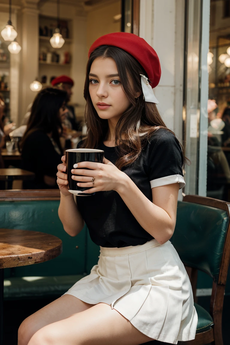 (Extremely detailed CG:1.2), (Masterpiece:1.2), (The best quality:1.2),,((absurdities)),looking at the viewer,whole body, ,(1girl),only,(long hair),,(white short sleeve shirt),(MARINA_blue pleated skirt),(long skirt),Dynamic Angle,Standing,dynamic pose,((Delicate facial features)),(blue eyes)wearing a classic black dress and a red beret. She is sitting at a café in Montmartre, sipping a cup of coffee as she watches the world go by. Her outfit is quintessentially Parisian, exuding an air of effortless elegance.