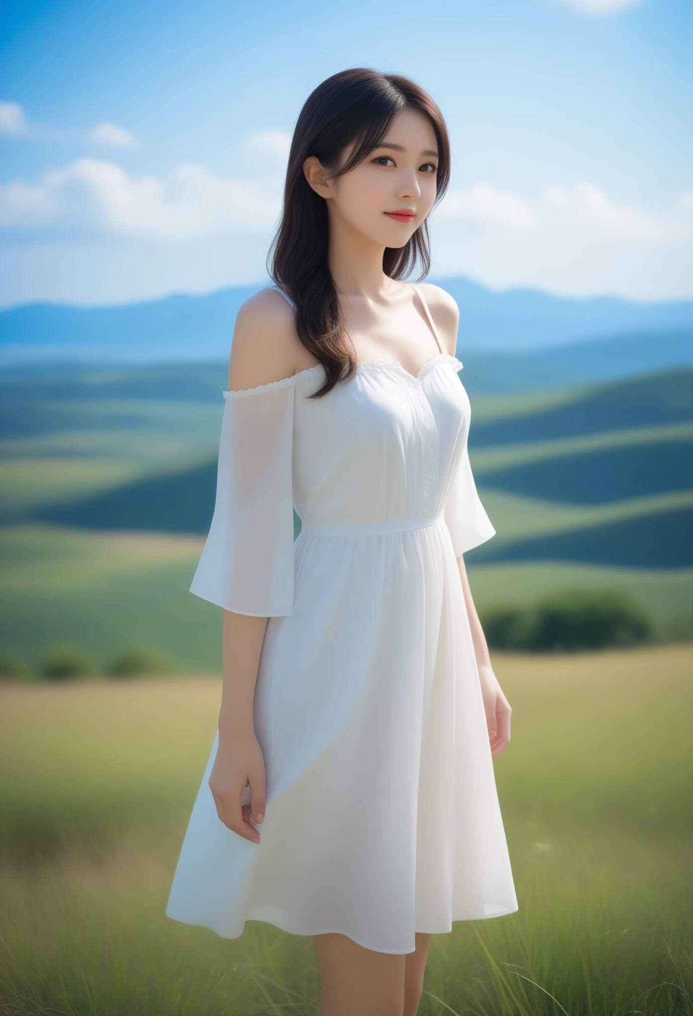 8K, Ultra-high resolution, Highest quality, masterpiece, 三分割法によるphotograph,Surreal, photograph, 1 Girl, (:1.3), pretty girl, Cute face, Beautiful eyes in every detail, 細かくdetailedに,masterpiece,, One Girl:1.2, Japan Female Announcer,whole body, The power of nature, ((ローアングルwhole bodyショット:1.3)), Soft white skin, Sharp eyebrows, Thin lashes, Natural Makeup, Cheek Highlighter, Pale pink lips, (High Quality Black Dress:1.3), ((Beautiful thighs in high resolution, Beautiful feet), ((Distant Horizon:1.5)), ((Rural scenery stretching to the horizon:1.3)), ((Overlooking the countryside from the plateau:1.3)), 美しくdetailedな空, Professional Photographer, Professional Lighting, Professional models,Full of sex appeal,Sensual,A carefree smile,soothe my soul,Looking at the audience、Black Hair,Super long straight hair,beauty,Long neck、Laugh a little、Please close your mouth and laugh、(((Ideal body type))),A cup small breasts :2,、Portraiture:2、Perfect Anatomy、鮮明なdetailed、detailed、Surreal、Light and shadow,Strong light