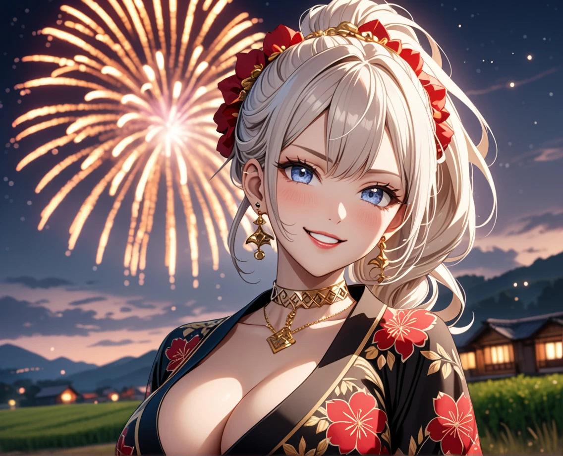 ((One personの女性)), Pretty face, Beautiful Face, (Laughing embarrassedly), (smirk:1.4), ((Wink:1.3)), (head tilt:1.3), Laugh with your mouth wide open, upper teeth, looking at viewer, ((full-face brash:1.5)), Glossy Red Lips, ((Big Breasts:1.4)), night,Rural landscape, firework, Glossy Red Lips, (Shining Face), ((Anime style background)),masterpiece, Highest quality, so beautiful,up to date, Complex details, (Pink long nails), (nail art), (Gold Ring),(Gold bracelet),(Gold floral choker), (helix piercing:1.7), AI-generated, Complex,High resolution, Highest quality, super high quality,3D Images、3D Images,One person,Long white hair,High Ponytail, Anime woman posing for a photo, ((silver eyes:1.6)), ((Fine grain、blue eyes、Shining Eyes:1.3)), (Squint your eyes:1.1),a hyperRealistic , hyperRealistic , Realistic,Anime woman with long white hair, Smooth anime CG art, (A woman in a colorful kimono with gold embroidery), ((Black long sleeve kimono:1.3)), Red floral pattern,(Long flower hair ornament),Floral Earrings,Mature Body,Abdominal muscles,Tight waist, ((Zoom in on face:1.6)), 