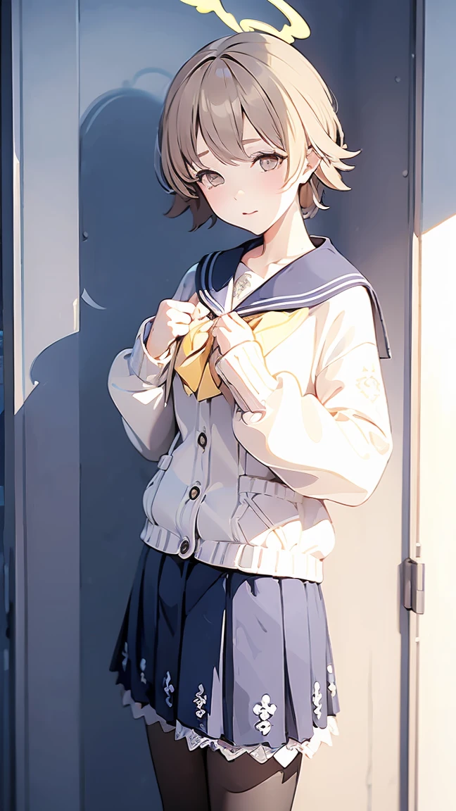 ((masterpiece,best quality)), (illustration), solo, hifumi (blue archive), halo, black pantyhose,light brown short hair, school uniform, yellow eyes, sailor collar, pleated blue skirt, white cardigan, long sleeves, blush, frilled skirt