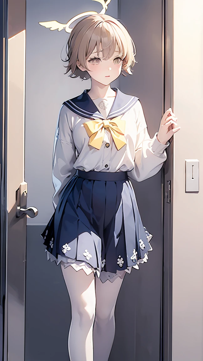 ((masterpiece,best quality)), (illustration), solo, hifumi (blue archive), halo, black pantyhose,light brown short hair, school uniform, yellow eyes, sailor collar, pleated blue skirt, white cardigan, long sleeves, blush, frilled skirt