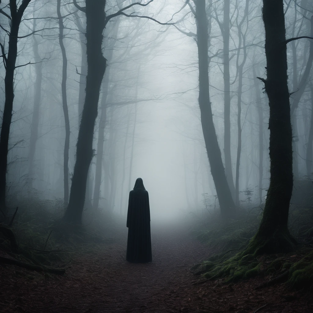 Create a mesmerizing image set in a dim, unsettling forest where a heavy mist shrouds the surroundings. The composition should convey a sense of eerie beauty, capturing the viewer's imagination.
For the central character, imagine an ethereal, almost otherworldly presence. This mysterious being should appear semi-transparent, as if materializing from the dense mist. The character should be both captivating and haunting, leaving an air of intrigue.
The dark background should serve as a stark contrast to the translucent figure. It should be rich in shadows and subtle details that evoke a foreboding atmosphere. The mist should hang in the air, creating an almost tangible sense of obscurity.
The main focus of the image is the translucent entity as it glides gracefully through the enigmatic woods. The fog should wrap around the character, emphasizing its spectral nature. The play of light and shadow amidst the mist should create a compelling and unsettling visual experience.