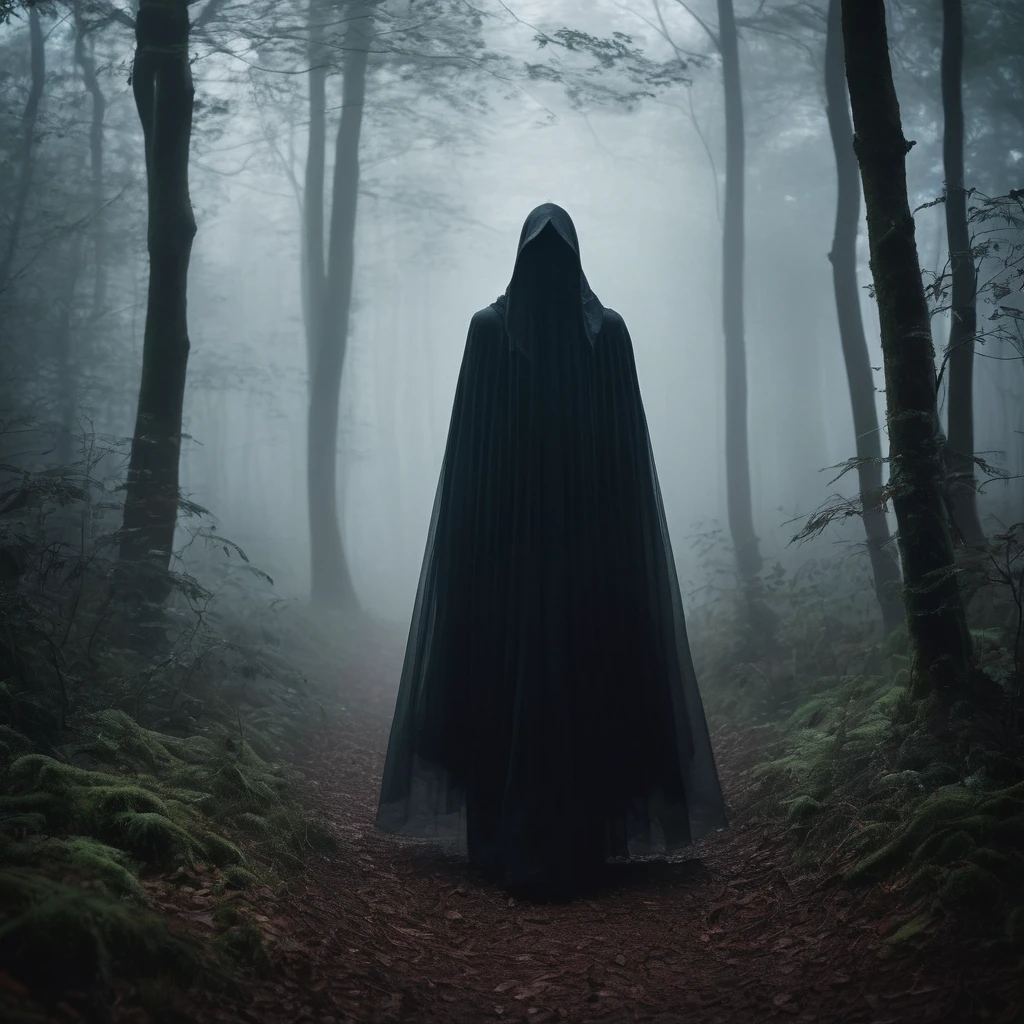Create a mesmerizing image set in a dim, unsettling forest where a heavy mist shrouds the surroundings. The composition should convey a sense of eerie beauty, capturing the viewer's imagination.
For the central character, imagine an ethereal, almost otherworldly presence. This mysterious being should appear semi-transparent, as if materializing from the dense mist. The character should be both captivating and haunting, leaving an air of intrigue.
The dark background should serve as a stark contrast to the translucent figure. It should be rich in shadows and subtle details that evoke a foreboding atmosphere. The mist should hang in the air, creating an almost tangible sense of obscurity.
The main focus of the image is the translucent entity as it glides gracefully through the enigmatic woods. The fog should wrap around the character, emphasizing its spectral nature. The play of light and shadow amidst the mist should create a compelling and unsettling visual experience.