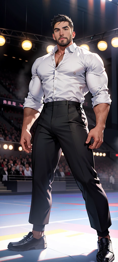 masterpiece, best quality, Face, Natural Eyes, European, Bigfoot, Black socks, whole body, White shirt ,Black suit pants,Big bulge, Long legs, Looking at the audience, 30 years old, muscular and mature, Slim waist, Short hairstyle,blue eyes, rinse, sex, Sweating, Tight cloth, Standing ,Face上有伤疤,Behind it is the battlefield,Desolate place outside a town,ruins,