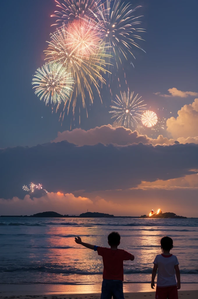 Sea in front、Festival on the inner sandy beach、Further back there are fireworks
