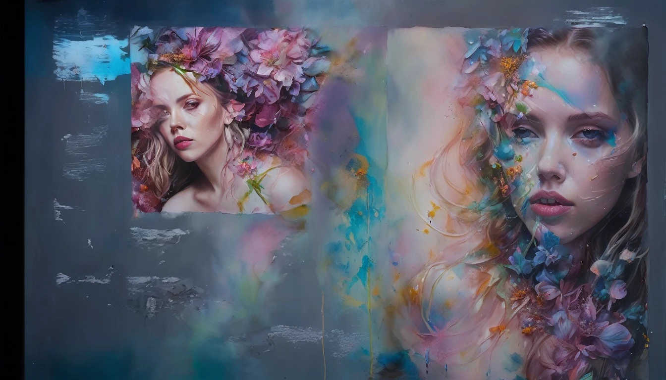 Scarlett Johansson in A botanical masterpiece in the style of Marco Mazzoni, detailed, hyper-realistic, front view, elemets of symbolism and surrealism, a painting by mse a attractive seductive Scarlett Johansson by agnes cecile, luminous design, pastel colours, ink drips, spring lights, intricate design, looking to the viewer intertwined, beautiful attractive seductive Scarlett Johansson, flowers, pastel, looking to the viewer, front view