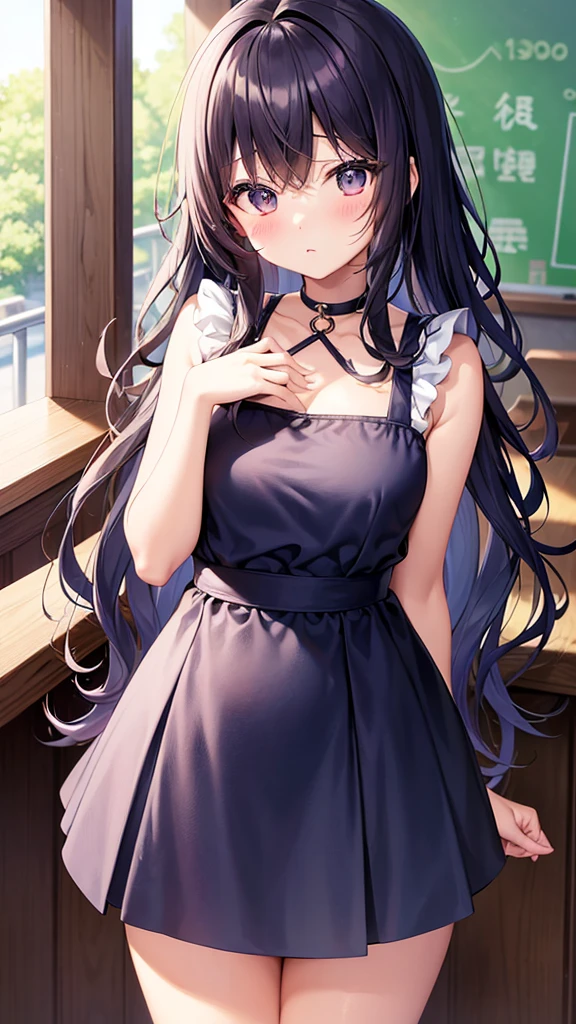 Anime Style。Cute and big eyes。A small elementary school student, 130cm tall。The bust is very large and heavy, but the waist is very thin。 cute Her thighs are big but firm, and her legs are slim.。Her chest is so large that you can see the sides of her chest even when seen from behind.。 She's thin, but her breasts are too big and saggy.。The chest area is wide open.、She was wearing a tiny bikini that didn't match her breasts and had deep cleavage.。 The underbust and waist are as thin as the neck。