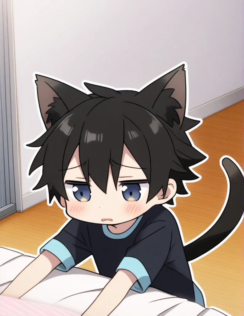 Cute cat boy,black cat ears,shy,cute,black hair,black cat tail,anime boy,manga