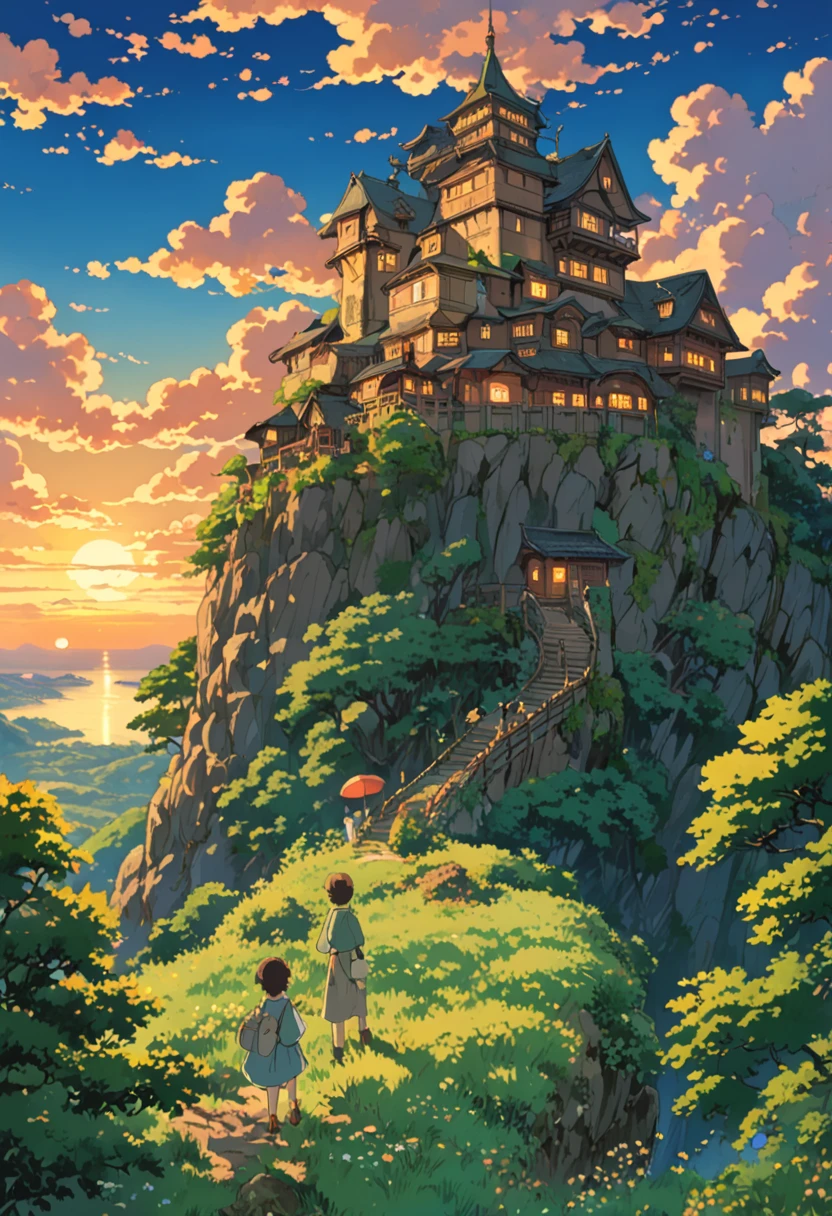 Studio Ghibli-style anime movies, Movie stills, Highest quality, masterpiece, Representative works, Official Art, Professional, Super intricate details, 8K, evening,it&#39;s raining,Behind the girl holding an umbrella
