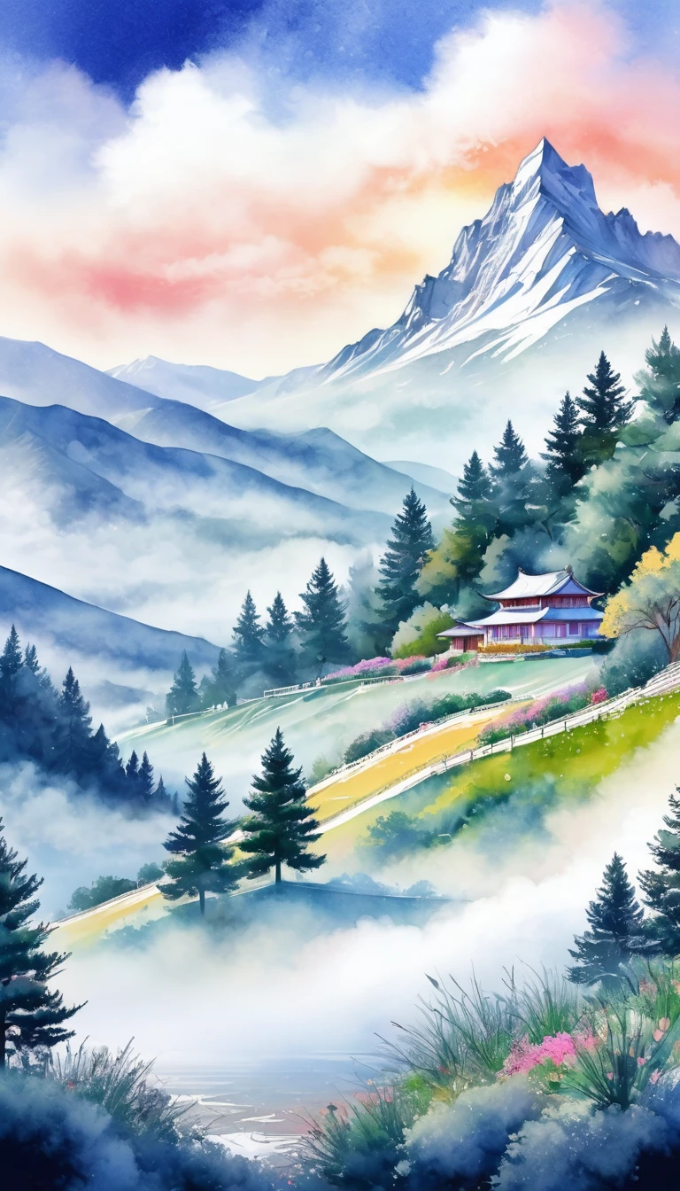 ((Best Quality)), ((Masterpiece)), (detailed), ground view, watercolor canvas, Decor, landscape, High mountains, trees, fog, Soft colors, lines artistic drawing, vector lines,