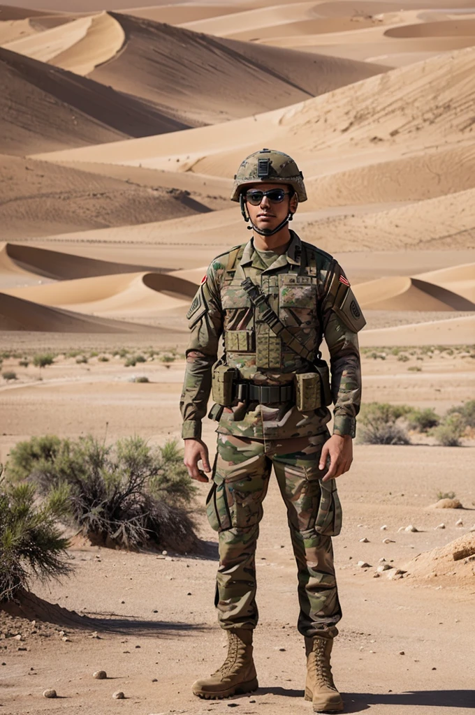 An image of a soldier standing in the desert with many soldiers behind him