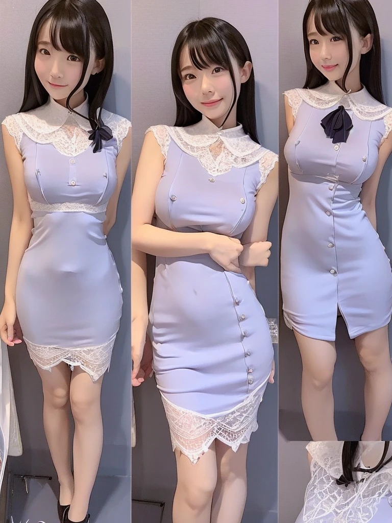 Highest quality、masterpiece、8K、Very detailed、Realistic、Looking at me with a smile、whole body、Big Breasts、Erect nipples、Thin and beautiful legs、Tight and slim waist、Sleeveless see-through dress with tight lace and buttons and collar
