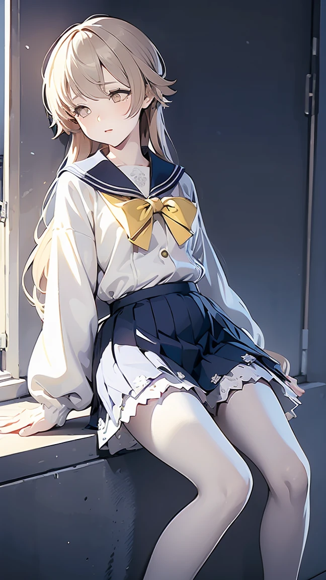 ((masterpiece,best quality)), (illustration), solo, hifumi (blue archive), halo, black pantyhose, long straight light brown hair, school uniform, yellow eyes, sailor collar, pleated blue skirt, white cardigan, long sleeves, blush, frilled skirt