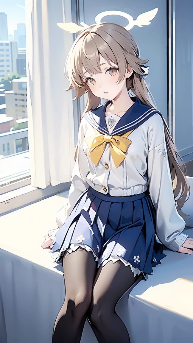 ((masterpiece,best quality)), (illustration), solo, hifumi (blue archive), halo, black pantyhose, long straight light brown hair, school uniform, yellow eyes, sailor collar, pleated blue skirt, white cardigan, long sleeves, blush, frilled skirt