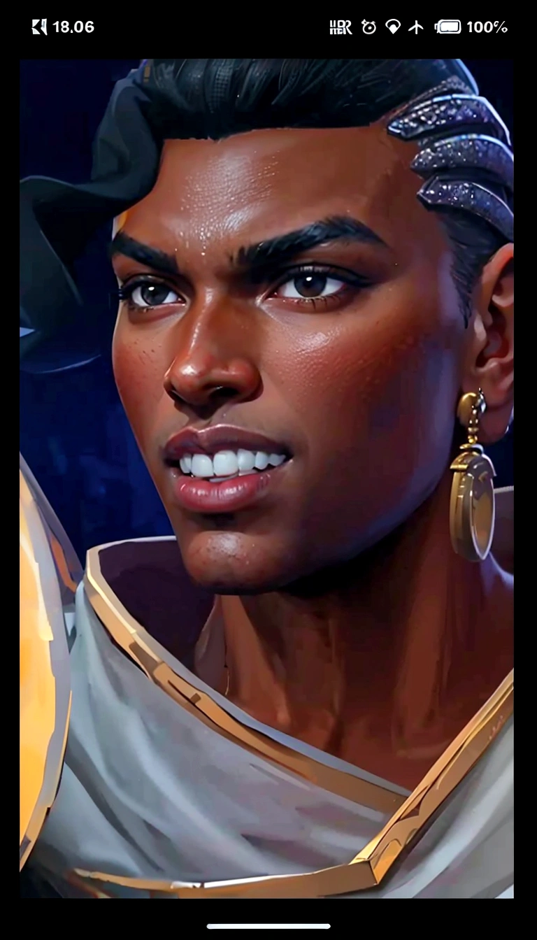 The image is a digital illustration of a female character with dark skin, wearing a golden crown and a gold necklace, with a confident expression and dark eyes. Painted portrait of a fitted Apollo, God of beauty, African American God, African American male beauty, Black hair, big expressive eyes, Big lips, golden skin, Handsome men, young, Insanely handsome, Upper body, muscular, Hairy torso, Fantasy, Convoluted, elegant, Highly detailed, Digital Painting, Art Station, Concept art, soft, Sharp Focus, Illustration, super realistics, 8k resolution, high resolution, Art by Bruno B