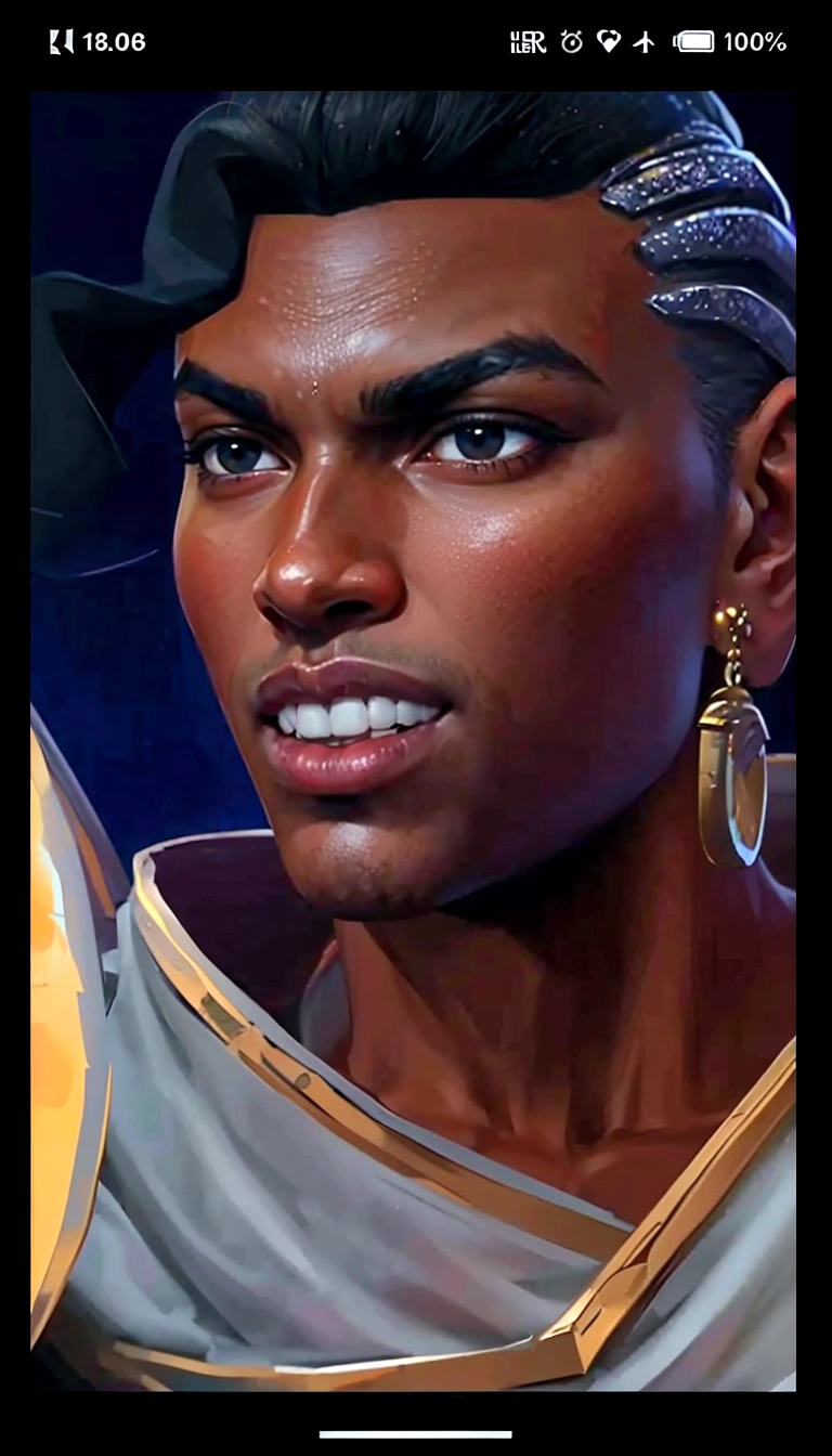 The image is a digital illustration of a female character with dark skin, wearing a golden crown and a gold necklace, with a confident expression and dark eyes. Painted portrait of a fitted Apollo, God of beauty, African American God, African American male beauty, Black hair, big expressive eyes, Big lips, golden skin, Handsome men, young, Insanely handsome, Upper body, muscular, Hairy torso, Fantasy, Convoluted, elegant, Highly detailed, Digital Painting, Art Station, Concept art, soft, Sharp Focus, Illustration, super realistics, 8k resolution, high resolution, Art by Bruno B