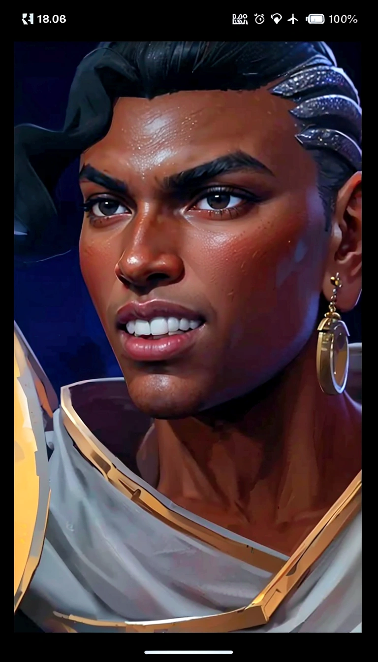 The image is a digital illustration of a female character with dark skin, wearing a golden crown and a gold necklace, with a confident expression and dark eyes. Painted portrait of a fitted Apollo, God of beauty, African American God, African American male beauty, Black hair, big expressive eyes, Big lips, golden skin, Handsome men, young, Insanely handsome, Upper body, muscular, Hairy torso, Fantasy, Convoluted, elegant, Highly detailed, Digital Painting, Art Station, Concept art, soft, Sharp Focus, Illustration, super realistics, 8k resolution, high resolution, Art by Bruno B