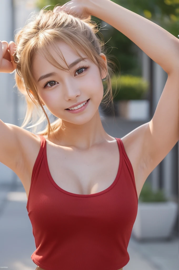 (8K, RAW Photos, Highest quality, masterpiece:1.2), Super detailed, Ultra-high resolution, (Realistic, Photorealistic:1.37), High-definition RAW color photos, Professional photos, Very delicate and beautiful, Very detailed, 8k wallpaper, (Beautiful and detailed eyes)、(Beautifully detailed face),Anatomically correct body shape, Natural Light, Full Body Shot, woman、Japanese、20-year-old,Blonde Hair、bun Hair、 (A shy smile:1.3), Fine and beautiful skin、Skin Texture、 (Slim waist:1.2)、(E cup bust:1.21), (red,Tank Top、nipple:1.25),( Armpit is visible:1.2), (arm up:1.3), Sharp focus、The background is a realistic street