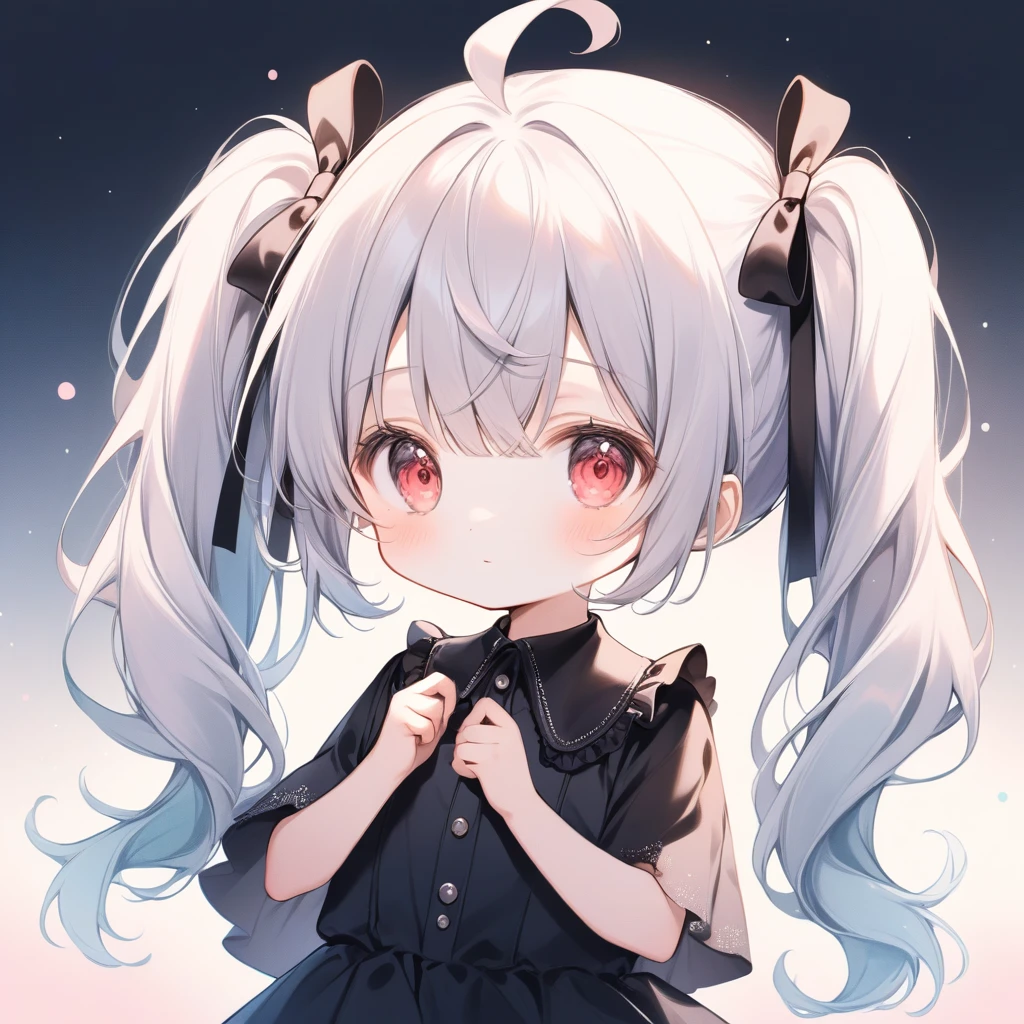 pastel colour, Little, Little Angel, One girl, Red Eye, Twin tails, Silver Hair, Ahoge, Black Ribbon, Black Dress