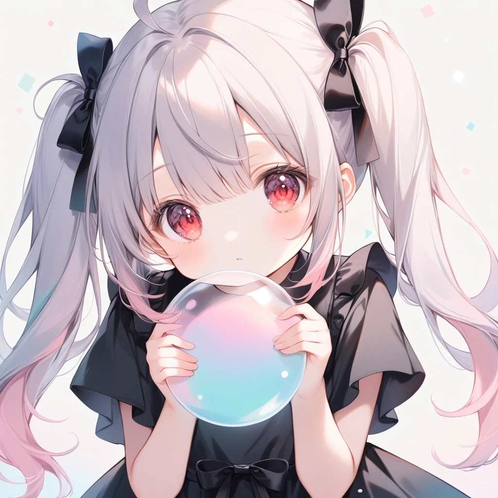 pastel colour, Little, Little Angel, One girl, Red Eye, Twin tails, Silver Hair, Ahoge, Black Ribbon, Black Dress