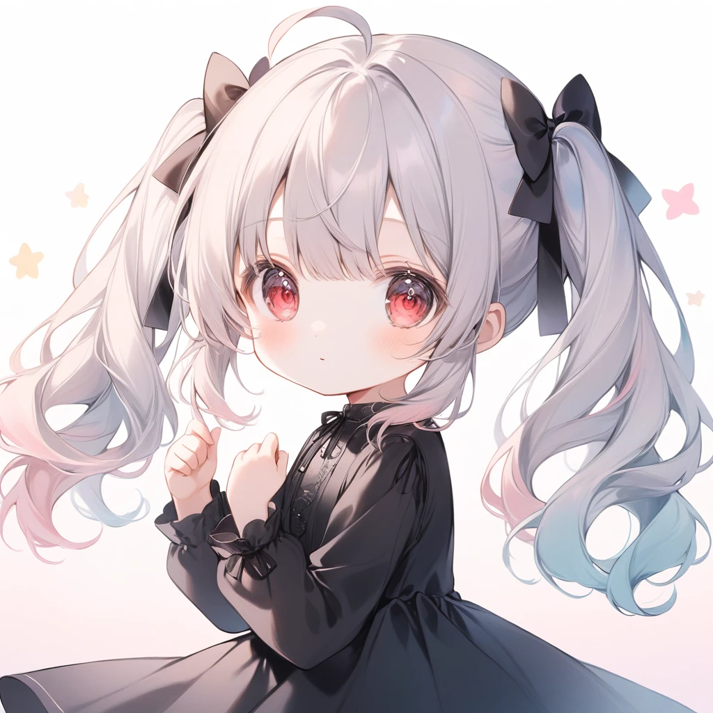 pastel colour, Little, Little Angel, One girl, Red Eye, Twin tails, Silver Hair, Ahoge, Black Ribbon, Black Dress