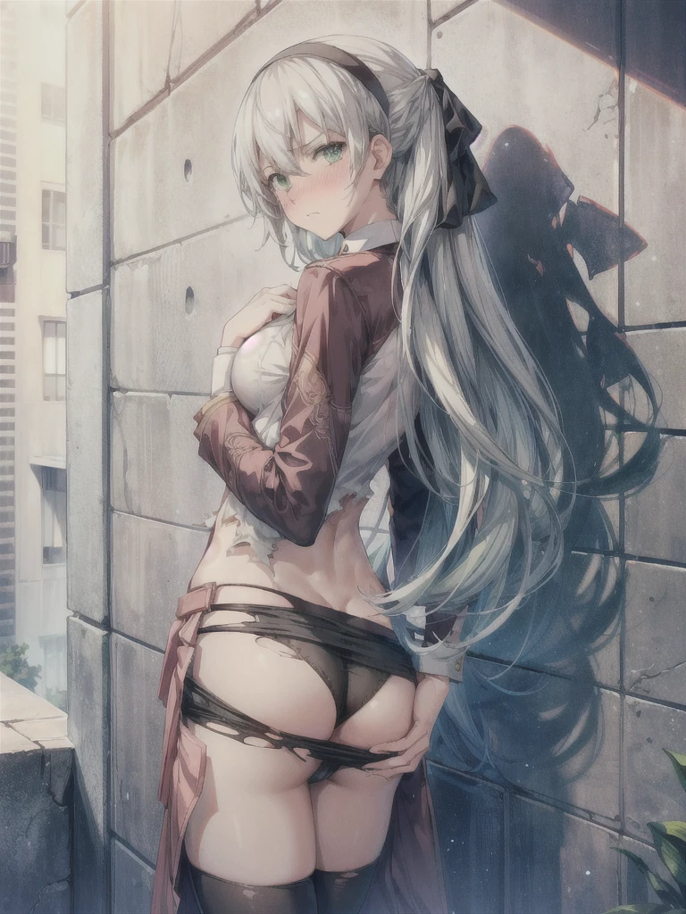 (masterpiece, highest quality, perfect anatomy, textile shading, gleaming skin, detailed skin)BREAK, 
elie macdowell, green eyes, hairband, blue ascot, hair ribbon, pencil skirt, hose, Large Breast, BREAK,ty Street, Dark Back Alley, BREAK,

Mouth closed, (open clothes, torn clothes:1.3), 
nsfw,(hands on chest, Lift up the skirt:1.4),(black panties visible:ubic hair:1.2),(cameltoe:1.2),(love juice:0.7), BREAK, 

looking at viewer,
break (((raise ASS:1.3))),(ass focus,f behind:1.3)ooking back,all fours, Leaning against a wall:1.3),

(frown:1.2),(angry:1.2),contemptuous, disdain,(hate:1.3) elegant,
(embarrassed,nose blush:1.3),(from below:1.2)