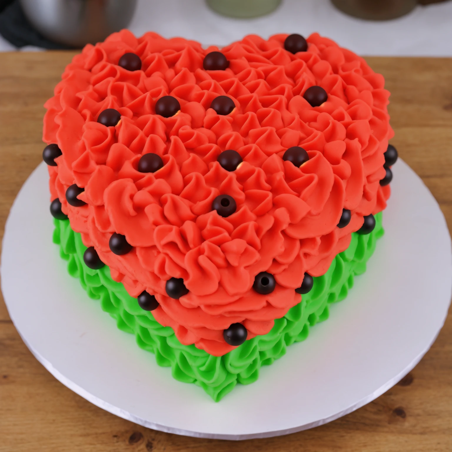 on a wooden table, red and green cream heart cake, star shaped cream, with black plastic beads, Multiple light sources, bright lighting, Realistic style , realistic texture, detailed texture, A high resolution, high quality,