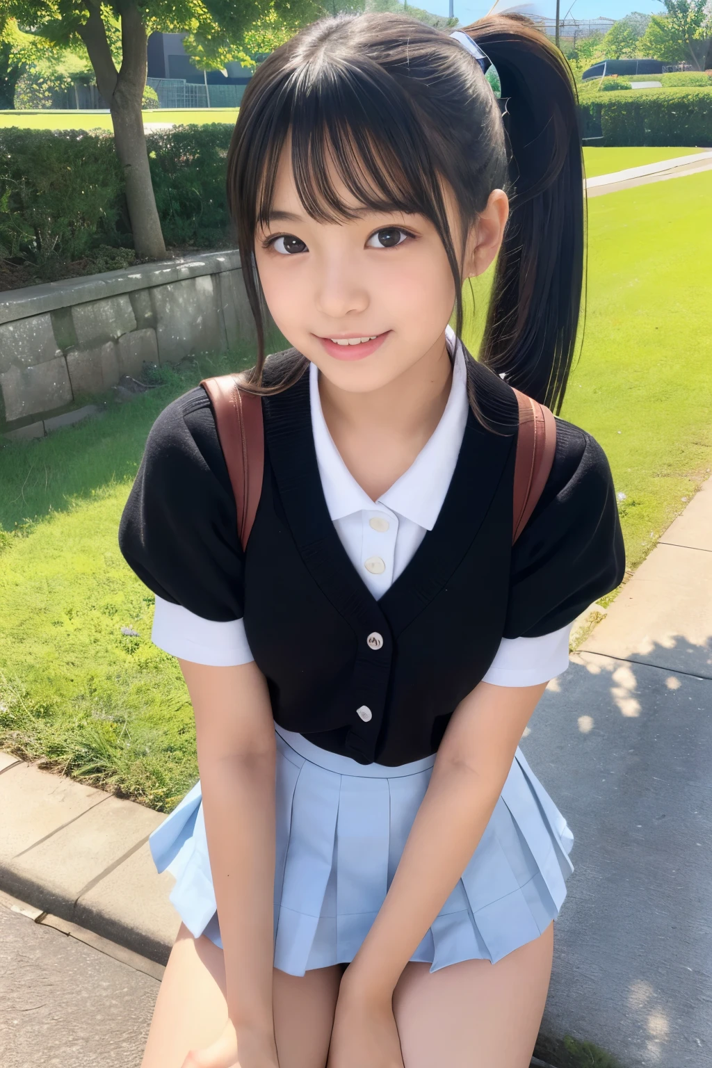 (((masterpiece))),  (Beautiful Japanese Girl, Classmate, Landscape and innocence，cute) ，Ultra-high resolution, Realistic, Ultra-detailed, 8K,Highest quality, Very detailed, Detailed Background,Slender,とてもBeautiful Japanese Girl, Detailed face:1.3), Full-body display，(Short ponytail，Black Hair :1.4), (Baby Face，cute系,Adorable 12 year old girl), (Perfect body:1.1),  (school uniform，mini skirt、Sweating、Small white panties), The best smile,非常にDetailed face、Beautiful thighs，Detailed lips、Detailed eyes、 gravure idol，Clear Skin，Crouching，Girl&#39;s Room