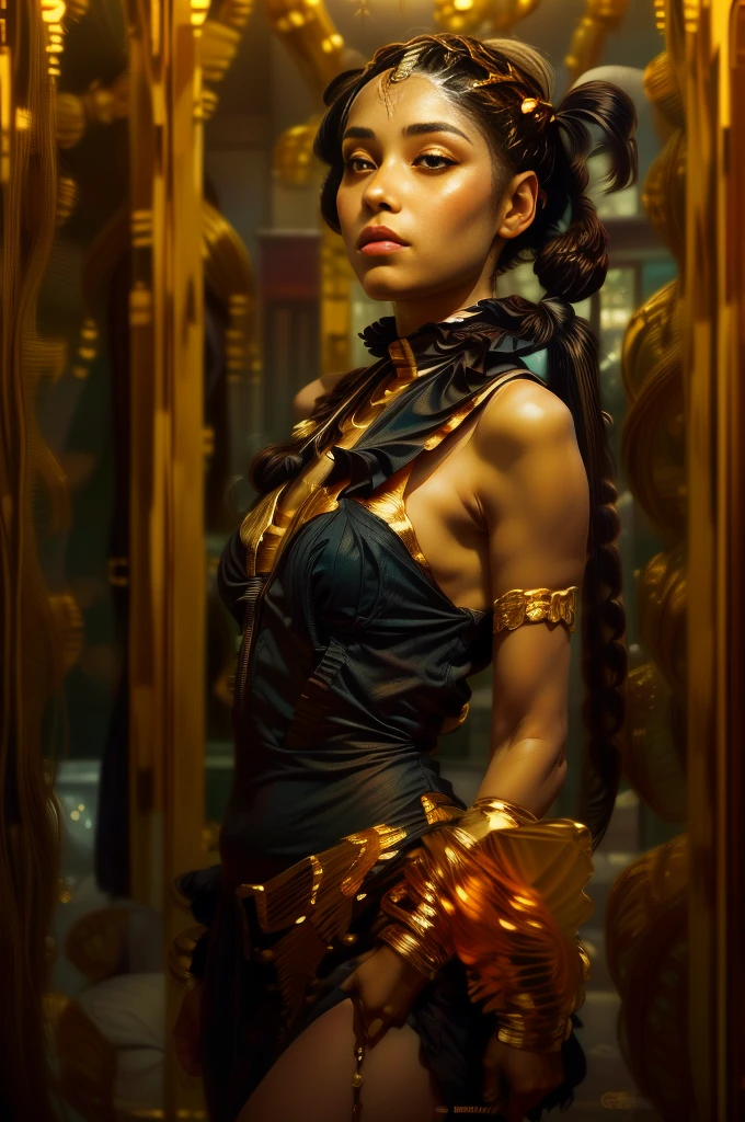 Female mummy, detailed eyes, ((long long golden straight hair in twin tails: 2.0)), smiling and sticking out tongue in fuck you pose, intricate Egyptian-style bandages wrapped all over the body, golden jewels and ornaments, mysteriously glowing blue aura, ancient Egyptian temple background, dramatic lighting, cinematic composition, muted colors, masterpiece, 8k, photorealistic, ultra-detailed