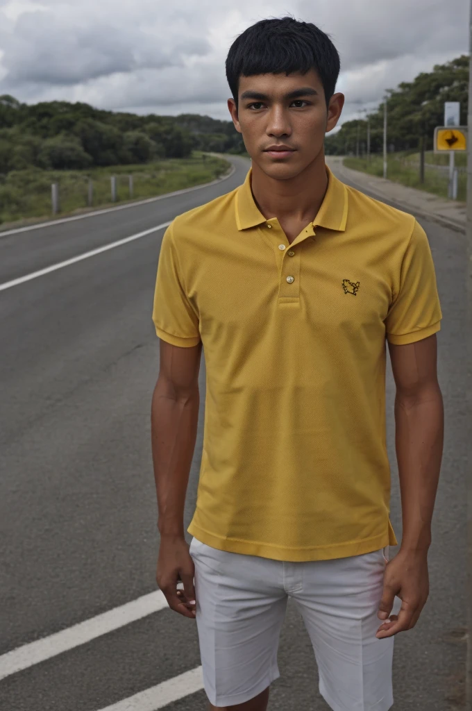 A young man in a yellow polo shirt stood on the side of the road with a serious expression., looking into the distance Turn your head slightly.，Cloudy day