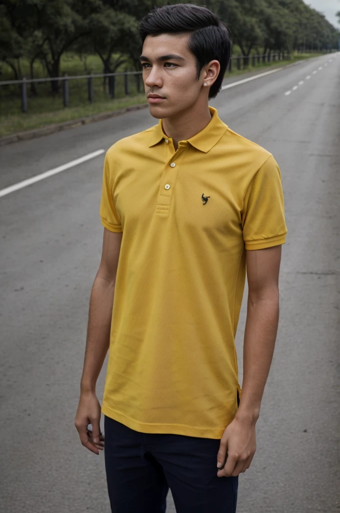 A young man in a yellow polo shirt stood on the side of the road with a serious expression., looking into the distance Turn your head slightly.,Cloudy day