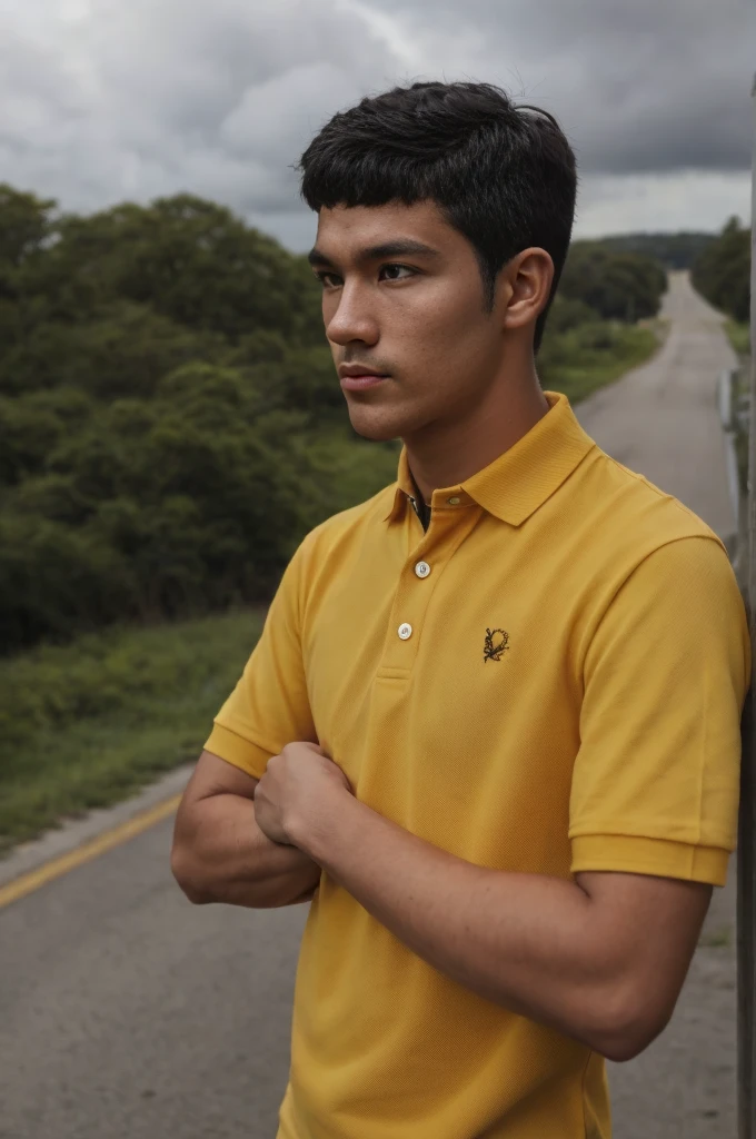 A young man in a yellow polo shirt stood on the side of the road with a serious expression., looking into the distance Turn your head slightly.,Cloudy day