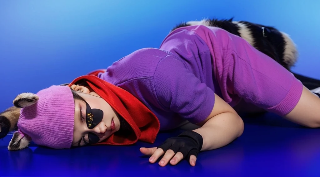This image features a handsome, muscular, dark-skinned young man dressed in a raccoon costume. He is lying down with his eyes closed, wearing a vibrant purple outfit that includes a purple shirt and shorts. He also has a red scarf around his neck and a purple beanie hat with gray ears attached. His face is painted with black around the eyes and nose to mimic a raccoon's mask, and he is wearing black fingerless gloves. His beautiful dark skin adds to the striking appearance of his playful and whimsical costume. мультяшный рендеринг ключевого кадра, милый 3D рендеринг,,Create ultra sharp glossy цветной рендеринг zbrush. perfect cgi, cgi art created only with gradients, smooth silhouette, Create ultra sharp skin, high intensity refraction, (plastic material), most beautiful vfx, blue background, plastic refractions, glossy texture, smooth 3d model, multiple light sources, rim light, sharp post effects render, (glossy plastic texture with multiple big light probe refractions), perfect cgi, cgi art created only with gradients, smooth silhouette, high intensity refraction, (plastic material), most beautiful vfx, blue background
