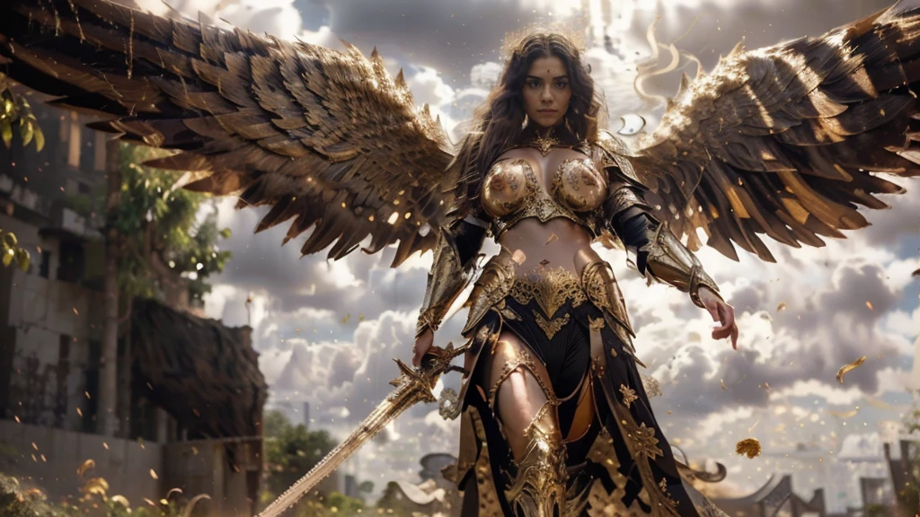 (naked angel girl)), big gold angel wings, (best quality, 8ก, Masterpiece: 1.3)), Sharp focus: 1.2, full body, Beautiful woman with a perfect figure: 1.4, Slim stomach: 1.2, ((long hair, Large round breasts)), (Elegant golden armor with intricate details.), walk, Highly detailed facial and skin textures, Black wings,Detailed eyes, Abandoned luxurious castle