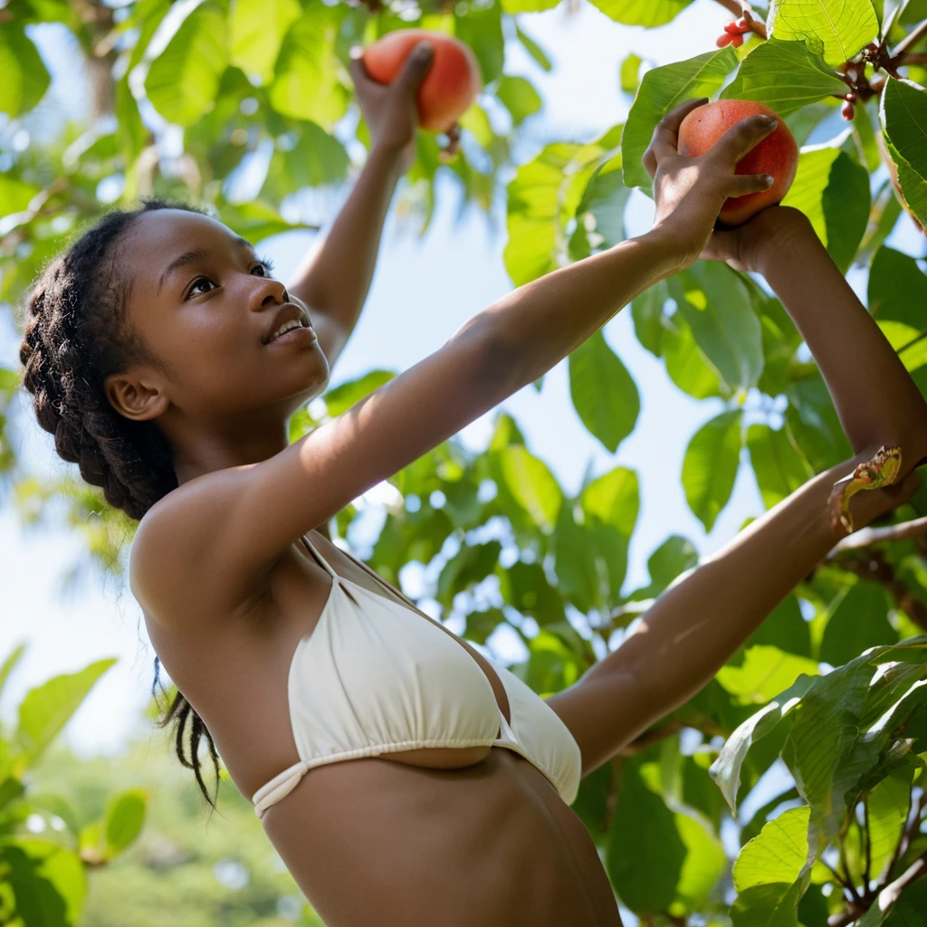 Portrait of young woman in bikini reaching for fruit from a tree, slightly dark skin, soft daylight