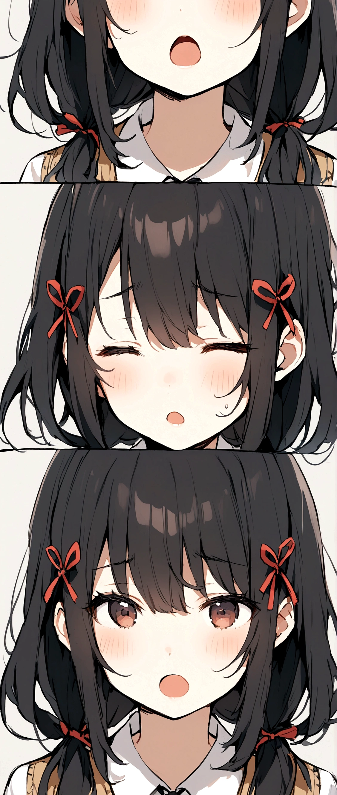 Black Hair、long、Grating、Ribbon hair ornament on the right、singing、Girl