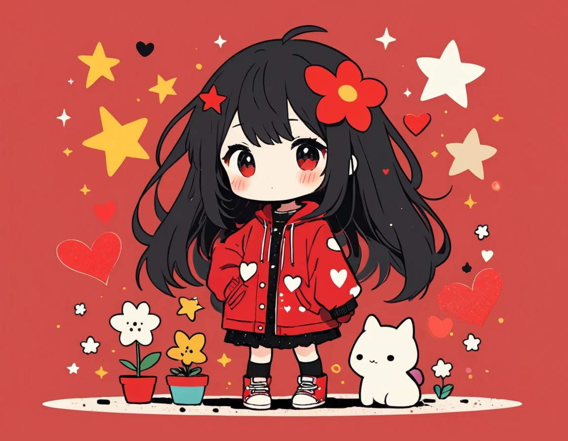 Black Star Red and White style, Simple Line Initialism，Abstract art，Kawaii Design, The most beautiful girl of all time、chibi, The background is star dust, colorful hearts, colorful flowers