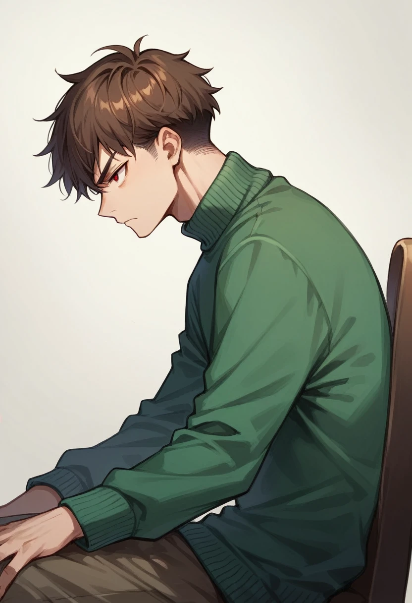 a teen boy, short brown hair, red eyes, serious face, a dark-green sweater, sitting on a chair, looking from side