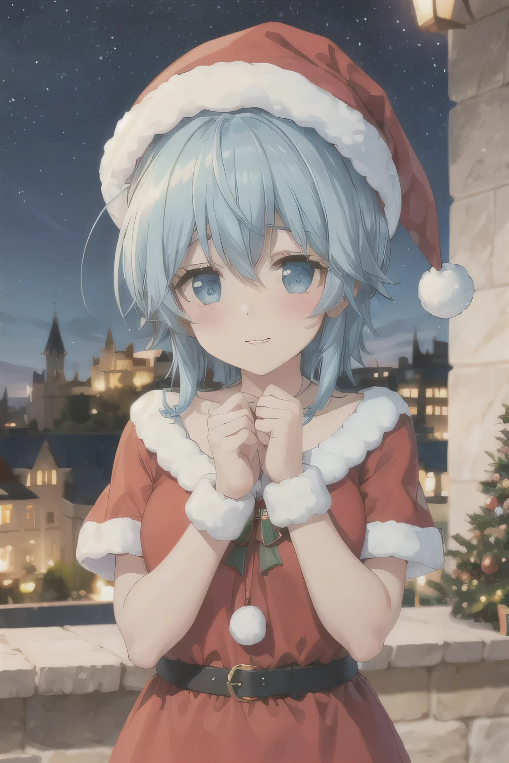 Christmas knot,Blue Hair,cute,Slightly blush,castle,Starry Sky,shy