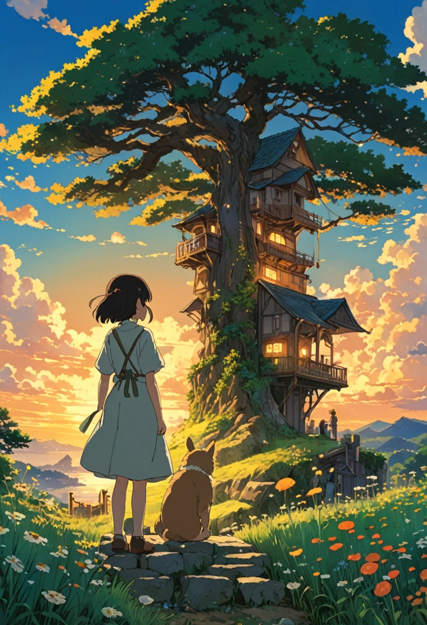 Studio Ghibli-style anime movies, Movie stills, Highest quality, masterpiece, Representative works, Official Art, Professional, Super intricate details, 8K, evening,it's raining,Behind the girl holding an umbrella